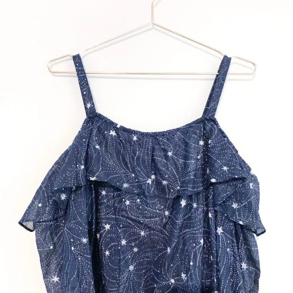 NWT Floreat Anthropologie Navy Blue Metallic Silver Star Cold Shoulder Top - Picture 9 of 11